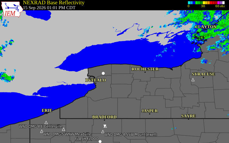 Current NEXRAD radar over Orleans County, New York with recent storm report locations