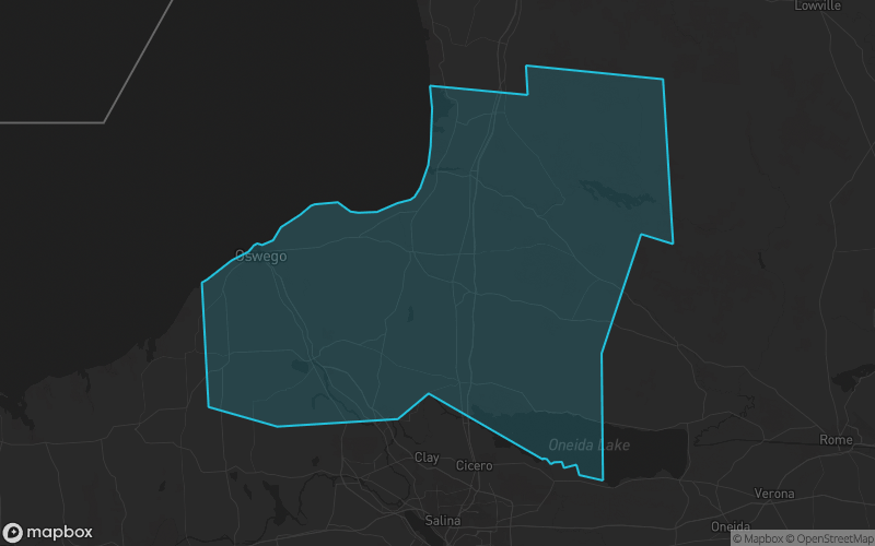 Map of Oswego County, New York showing the county boundary and surrounding cities