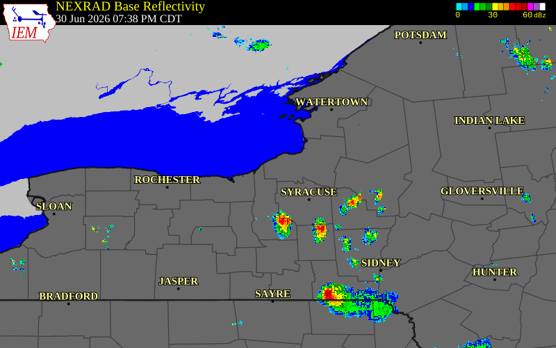 Radar snapshot during the Jun 30, 2026 wind event near 3 W Fulton, Oswego County, New York, with NWS warning polygons