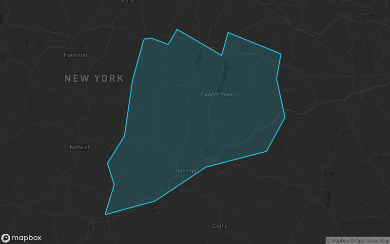 Map of Otsego County, New York showing the county boundary and surrounding cities
