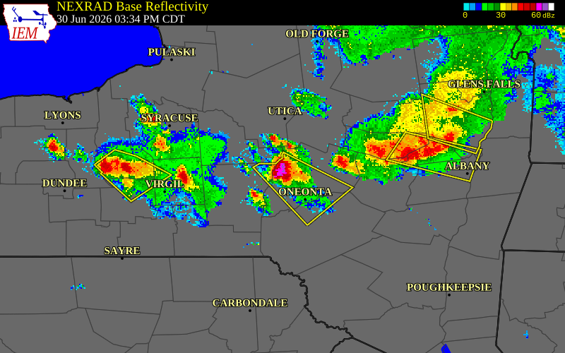 NEXRAD radar during the Tuesday, June 30, 2026 storm activity in Otsego County, New York