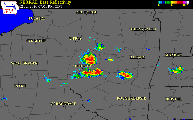 NEXRAD radar during the Thursday, July 2, 2026 storm activity in Otsego County, New York