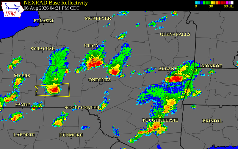 NEXRAD radar during the Thursday, August 6, 2026 storm activity in Otsego County, New York