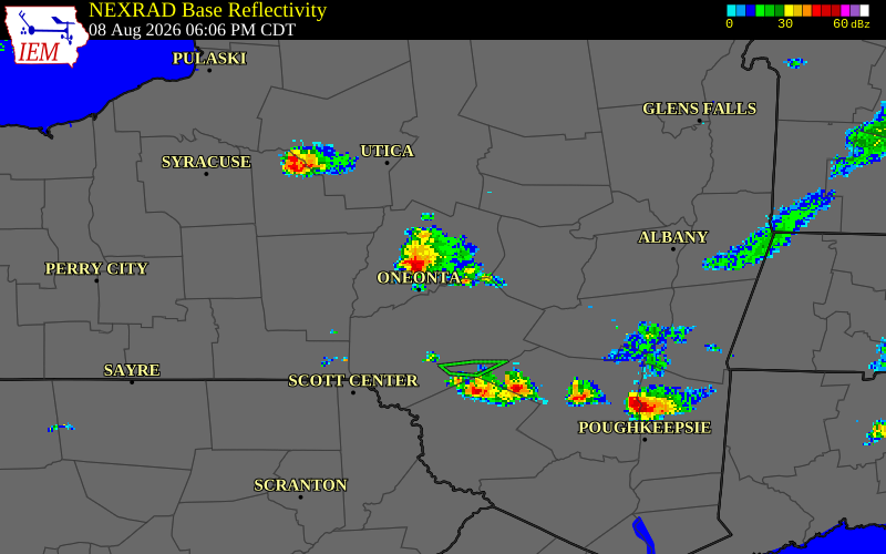 NEXRAD radar during the Saturday, August 8, 2026 storm activity in Otsego County, New York