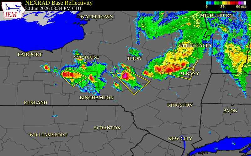 Radar snapshot during the Jun 30, 2026 tornado event near 1 E Pittsfield, Otsego County, New York, with NWS warning polygons