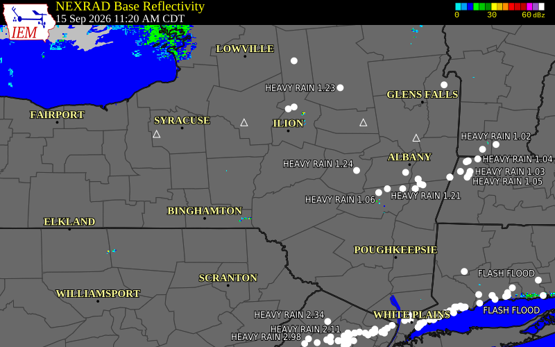 Current NEXRAD radar over Otsego County, New York with recent storm report locations