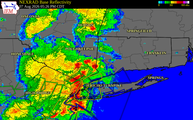 NEXRAD radar during the Friday, August 7, 2026 storm activity in Putnam County, New York