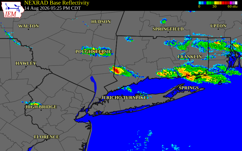 NEXRAD radar during the Friday, August 14, 2026 storm activity in Putnam County, New York