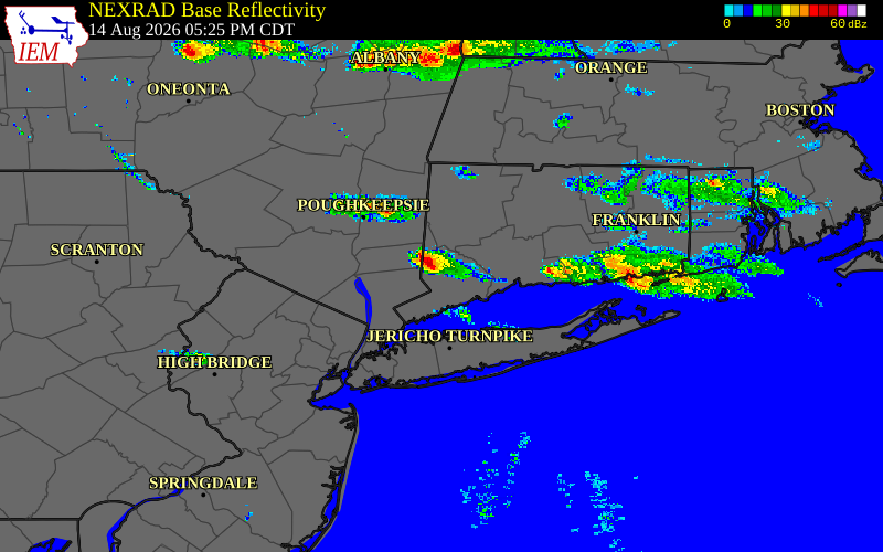 Radar snapshot during the Aug 14, 2026 wind event near Putnam County, Putnam County, New York, with NWS warning polygons