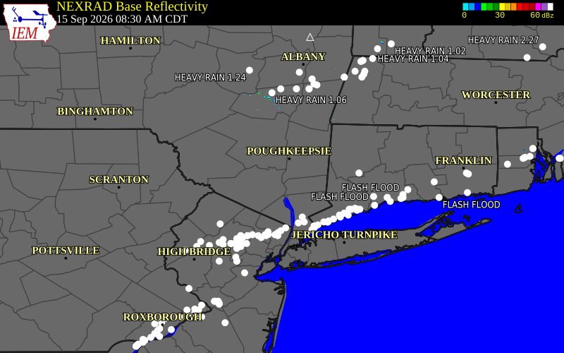 Current NEXRAD radar over Putnam County, New York with recent storm report locations