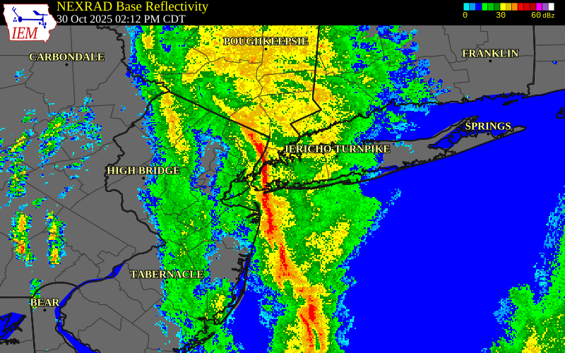 NEXRAD radar during the Thursday, October 30, 2025 storm activity in Queens County, New York