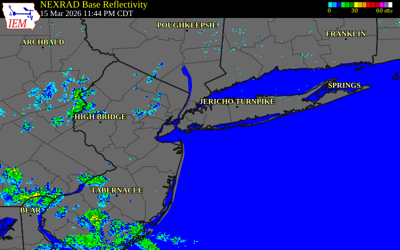 NEXRAD radar during the Monday, March 16, 2026 storm activity in Queens County, New York