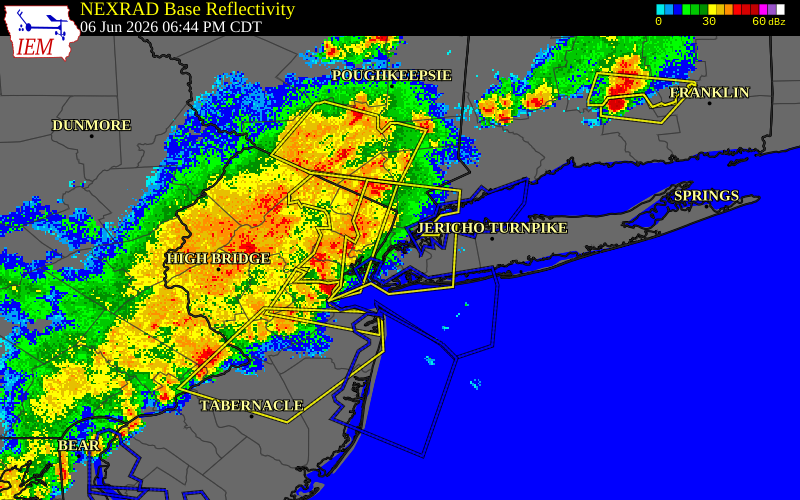 NEXRAD radar during the Saturday, June 6, 2026 storm activity in Queens County, New York