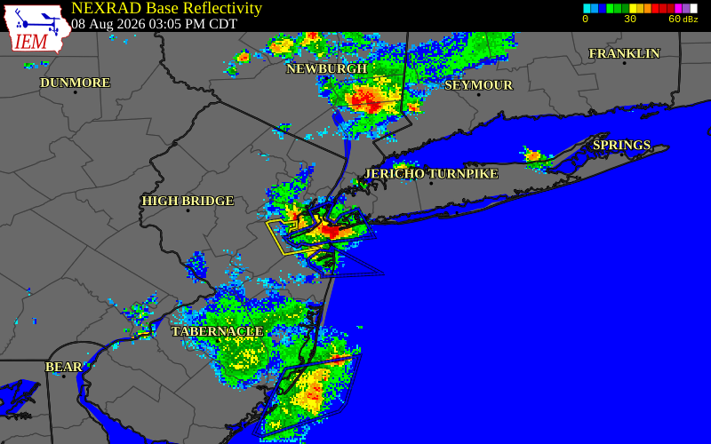 NEXRAD radar during the Saturday, August 8, 2026 storm activity in Queens County, New York