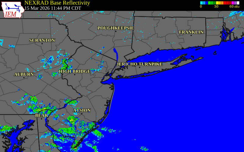 Radar snapshot during the Mar 16, 2026 wind event near NYC/JFK, Queens County, New York, with NWS warning polygons