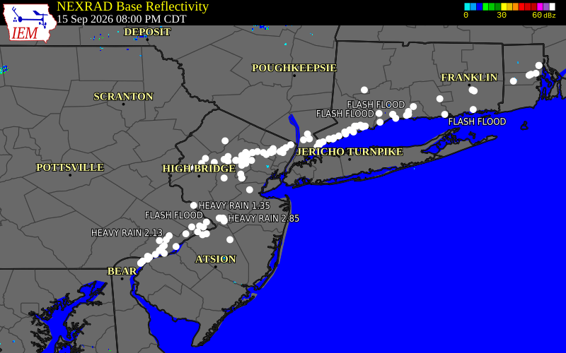 Current NEXRAD radar over Queens County, New York with recent storm report locations