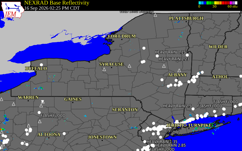 Current NEXRAD radar across New York with recent storm report locations