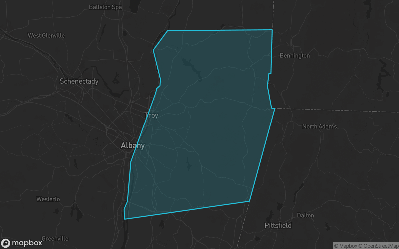 Map of Rensselaer County, New York showing the county boundary and surrounding cities