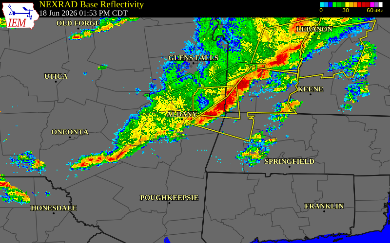 NEXRAD radar during the Thursday, June 18, 2026 storm activity in Rensselaer County, New York