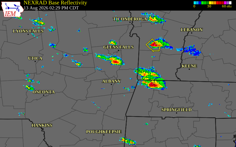 NEXRAD radar during the Thursday, August 13, 2026 storm activity in Rensselaer County, New York