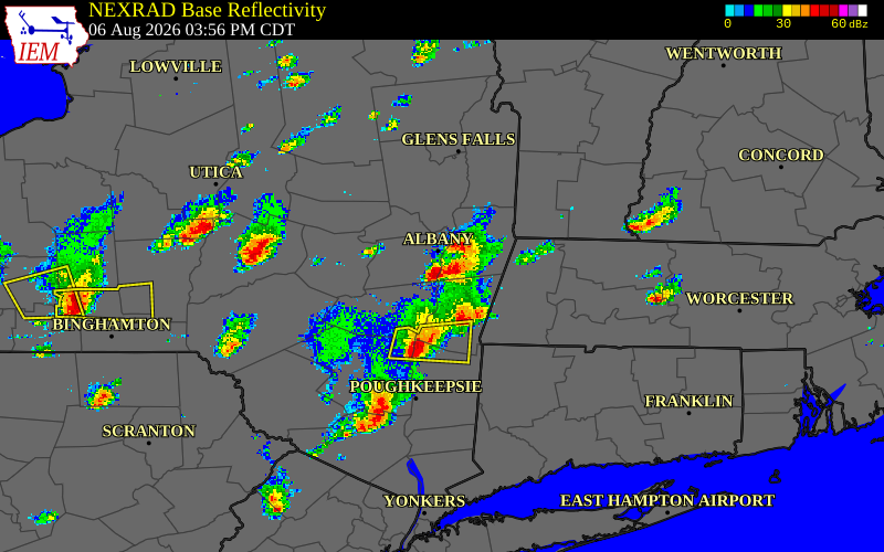 Radar snapshot during the Aug 6, 2026 wind event near Rensselaer County, Rensselaer County, New York, with NWS warning polygons