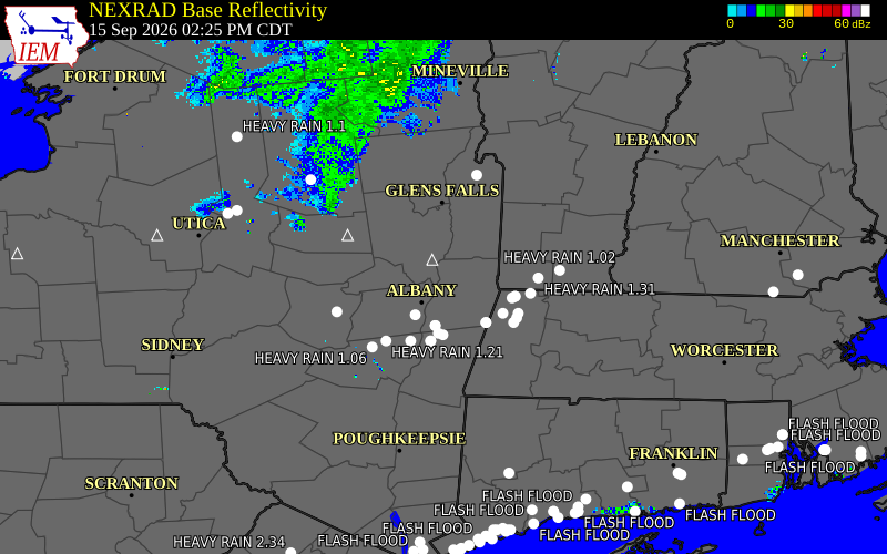 Current NEXRAD radar over Rensselaer County, New York with recent storm report locations
