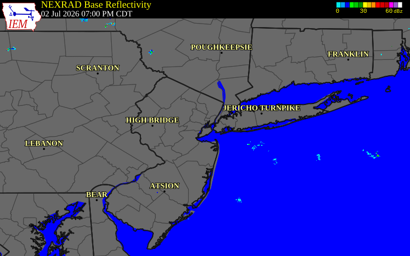 Radar snapshot during the Jul 2, 2026 wind event near 2 NW Westerleigh, Richmond County, New York, with NWS warning polygons