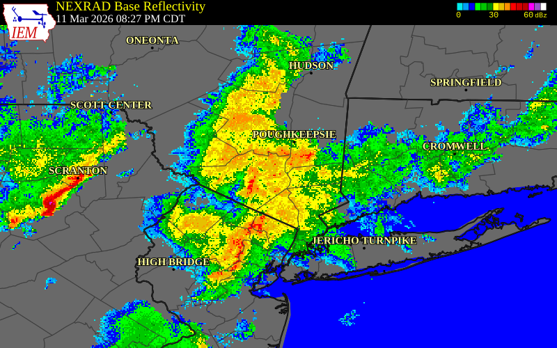 NEXRAD radar during the Wednesday, March 11, 2026 storm activity in Rockland County, New York