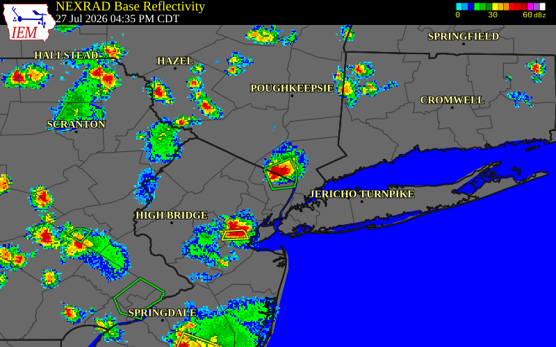 NEXRAD radar during the Monday, July 27, 2026 storm activity in Rockland County, New York