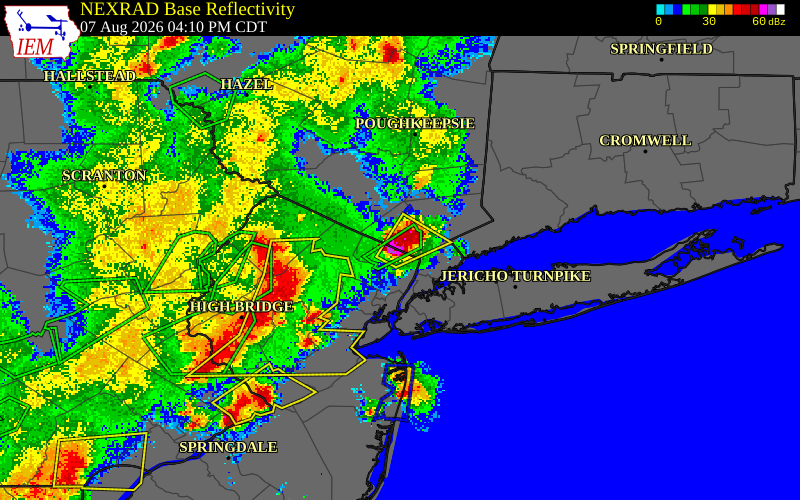NEXRAD radar during the Friday, August 7, 2026 storm activity in Rockland County, New York