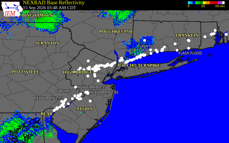 Current NEXRAD radar over Rockland County, New York with recent storm report locations