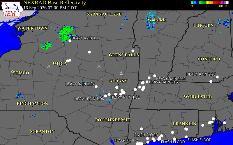 Current NEXRAD radar over Saratoga County, New York with recent storm report locations