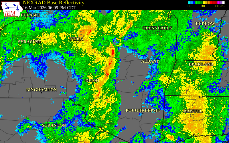 NEXRAD radar during the Monday, March 16, 2026 storm activity in Schenectady County, New York