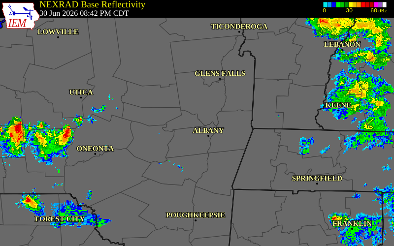 NEXRAD radar during the Tuesday, June 30, 2026 storm activity in Schenectady County, New York