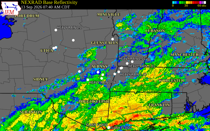 Current NEXRAD radar over Schenectady County, New York with recent storm report locations
