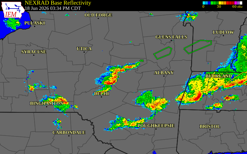 NEXRAD radar during the Thursday, June 18, 2026 storm activity in Schoharie County, New York
