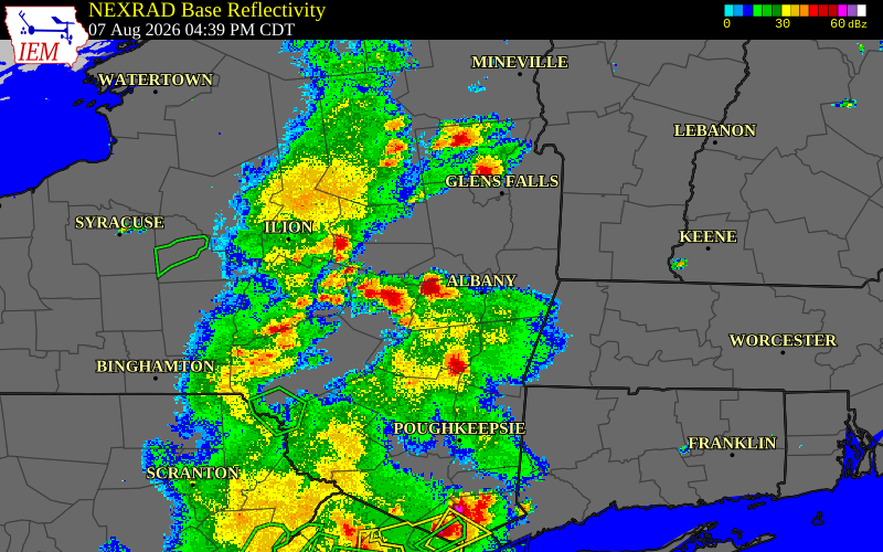 Radar snapshot during the Aug 7, 2026 wind event near Schoharie County, Schoharie County, New York, with NWS warning polygons