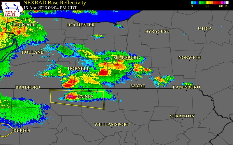 NEXRAD radar during the Wednesday, April 15, 2026 storm activity in Schuyler County, New York