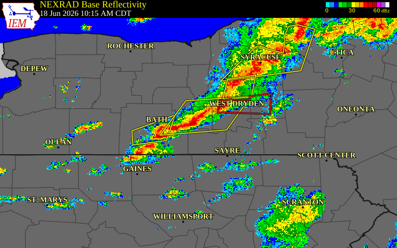 NEXRAD radar during the Thursday, June 18, 2026 storm activity in Schuyler County, New York