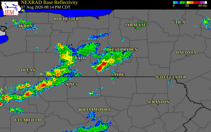 NEXRAD radar during the Friday, August 7, 2026 storm activity in Schuyler County, New York