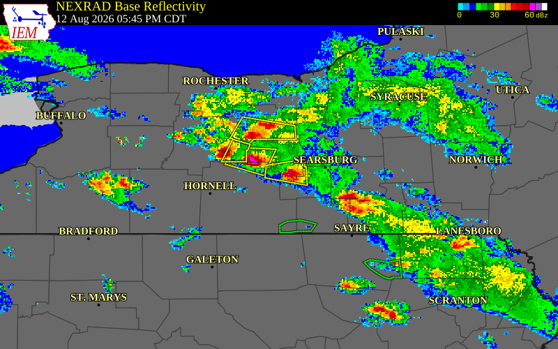 NEXRAD radar during the Wednesday, August 12, 2026 storm activity in Schuyler County, New York