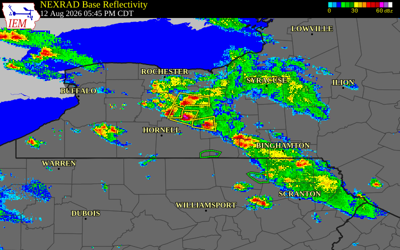 Radar snapshot during the Aug 12, 2026 hail event near 1 NNW Wayne, Schuyler County, New York, with NWS warning polygons