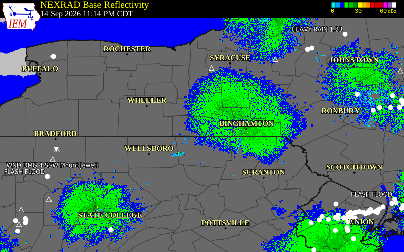 Current NEXRAD radar over Schuyler County, New York with recent storm report locations