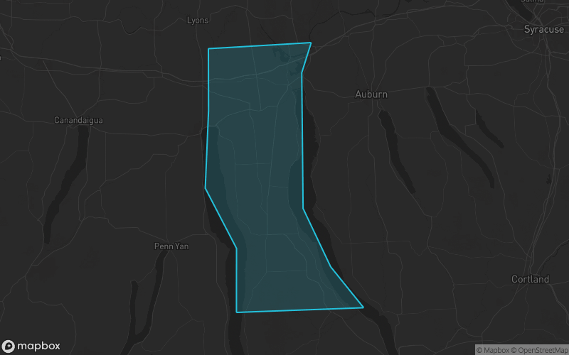 Map of Seneca County, New York showing the county boundary and surrounding cities