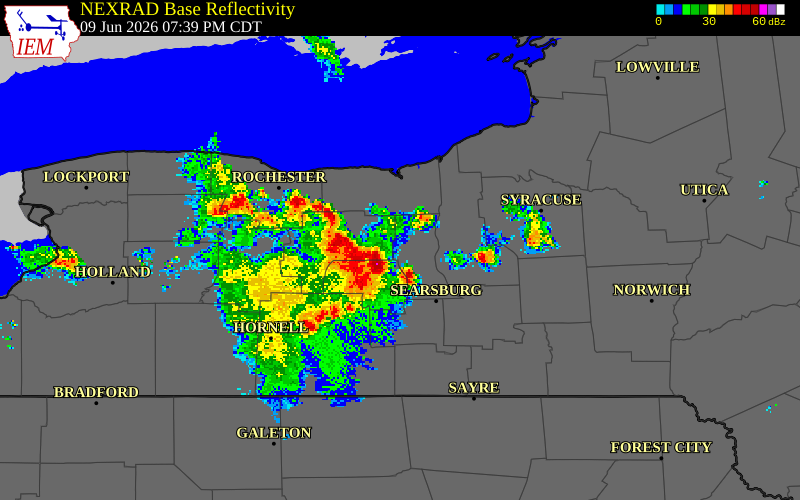 NEXRAD radar during the Tuesday, June 9, 2026 storm activity in Seneca County, New York