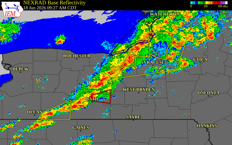 NEXRAD radar during the Thursday, June 18, 2026 storm activity in Seneca County, New York