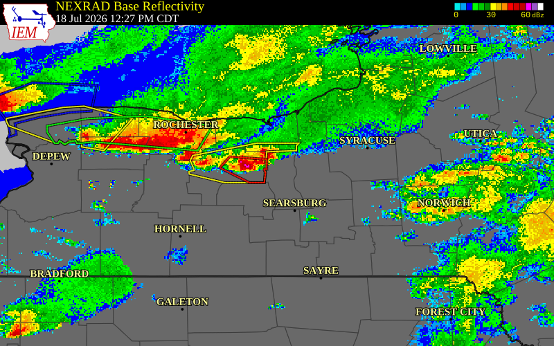 NEXRAD radar during the Saturday, July 18, 2026 storm activity in Seneca County, New York