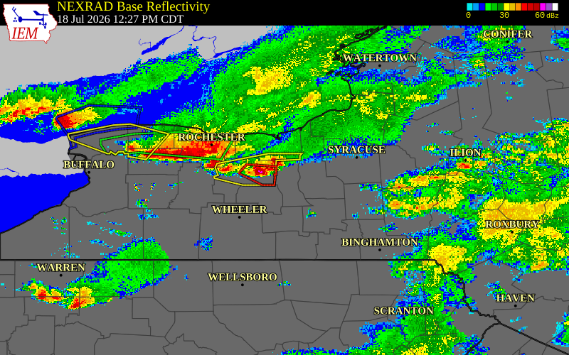 Radar snapshot during the Jul 18, 2026 wind event near Seneca County, Seneca County, New York, with NWS warning polygons