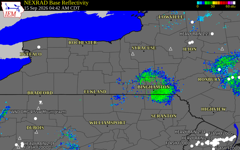 Current NEXRAD radar over Seneca County, New York with recent storm report locations
