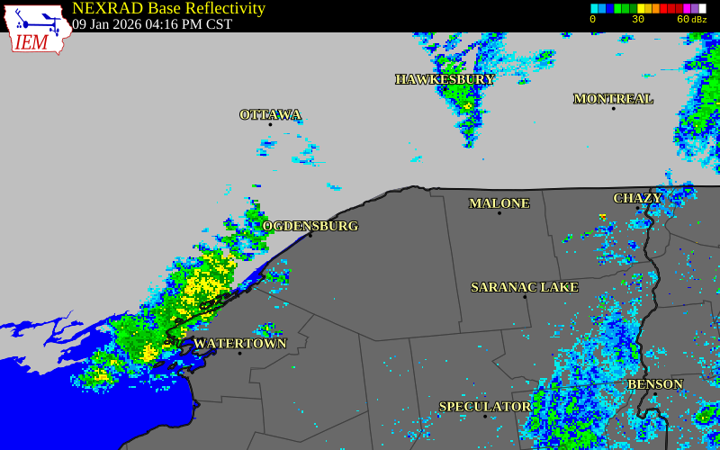 NEXRAD radar during the Friday, January 9, 2026 storm activity in St. Lawrence County, New York